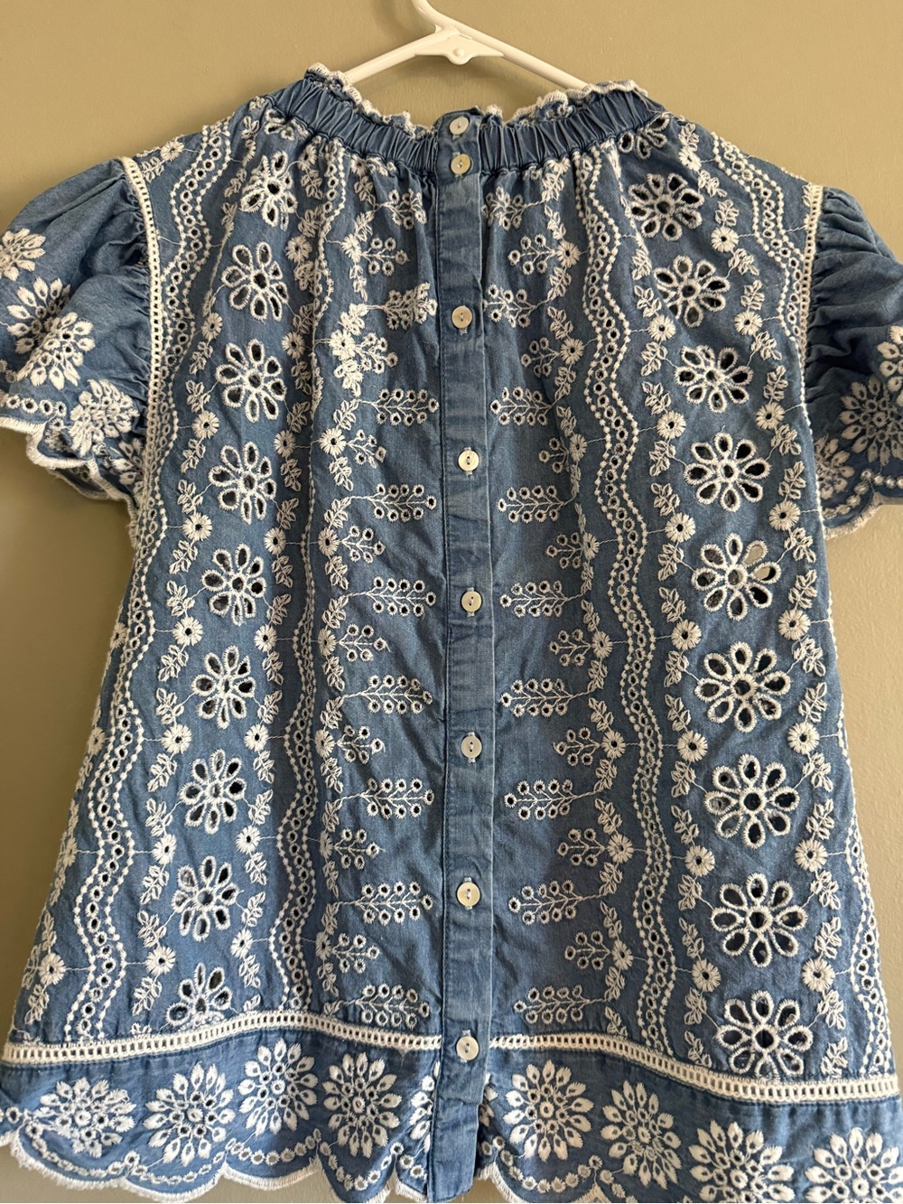 Jennifer & Grace Blue & White Chambray Eyelet Embroidered Puff Sleeve Blouse Lg - Picture 2 of 6